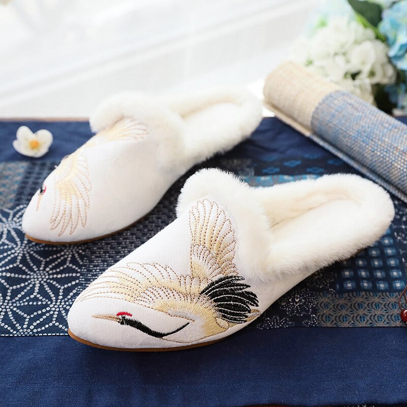 Women Plush Lined Cotton Embroidery Mules Slippers Allmartdeal