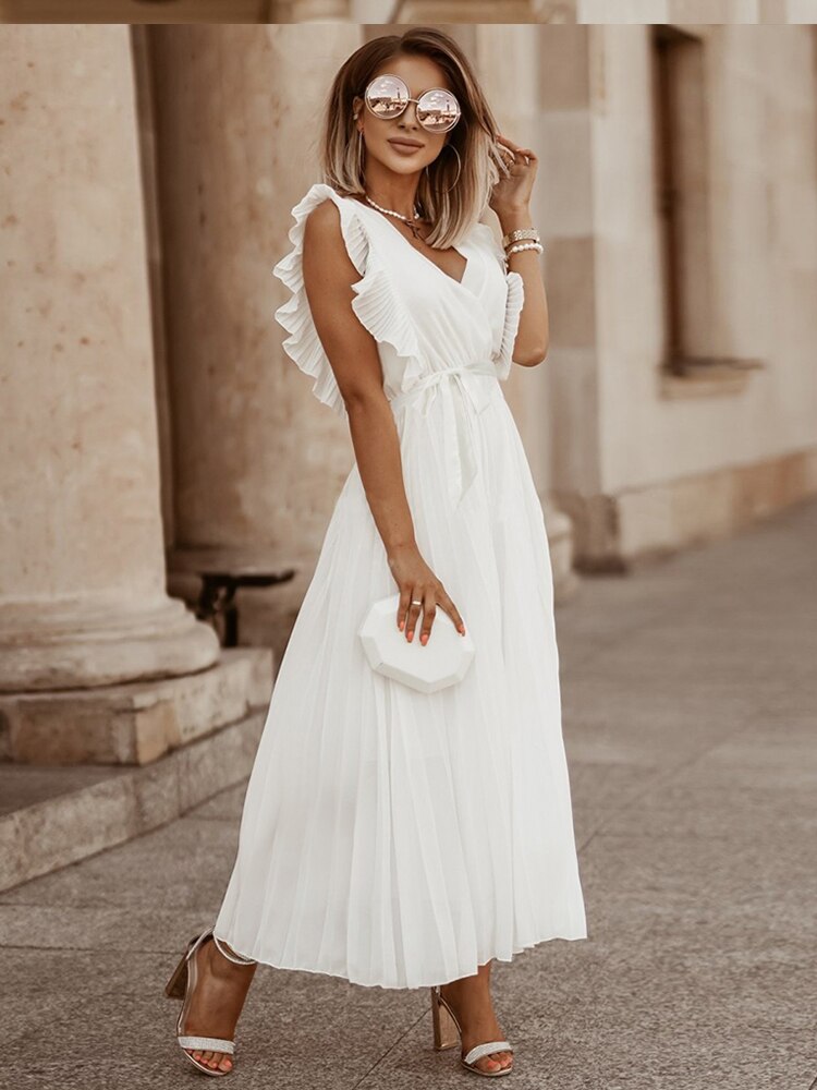 Women Ruffle Pleat Wrap Chiffon Maxi Dress Allmartdeal