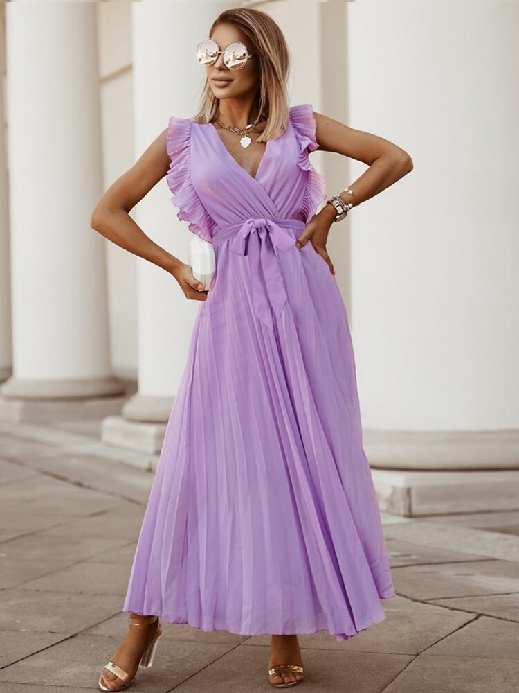 Women Ruffle Pleat Wrap Chiffon Maxi Dress Allmartdeal