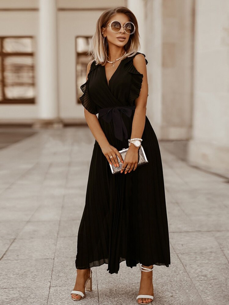 Women Ruffle Pleat Wrap Chiffon Maxi Dress Allmartdeal