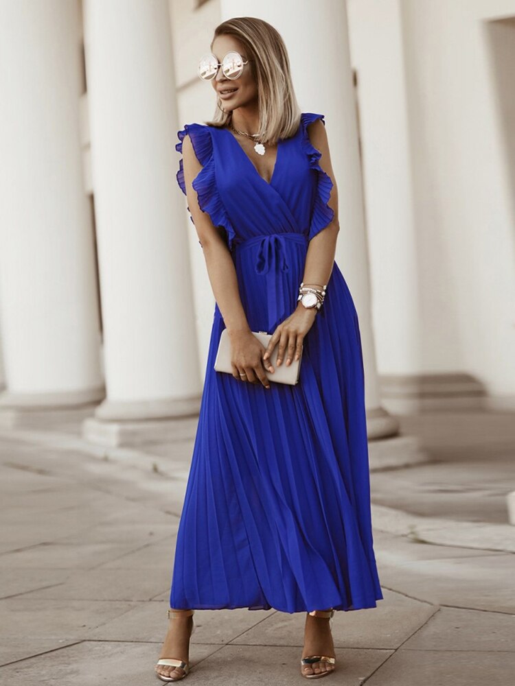 Women Ruffle Pleat Wrap Chiffon Maxi Dress Allmartdeal