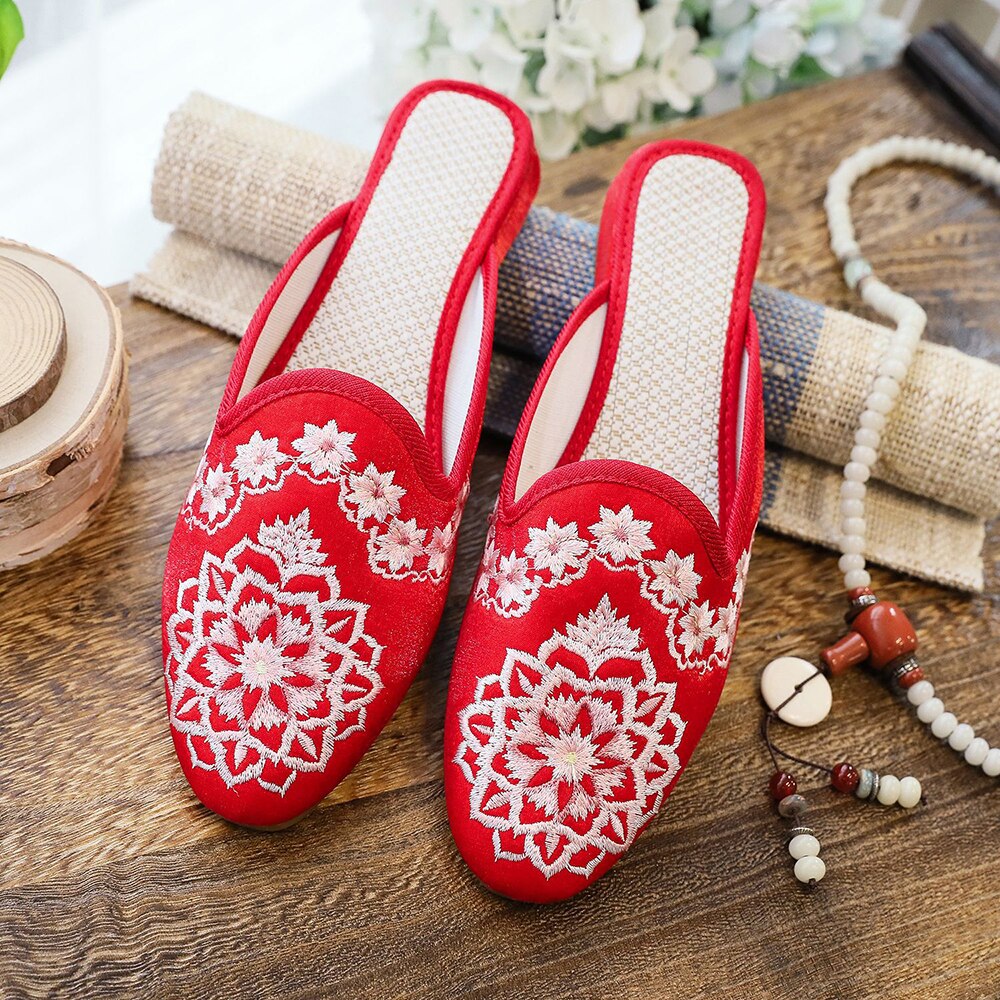 Women Satin Cotton Embroidered Mules Slippers Allmartdeal