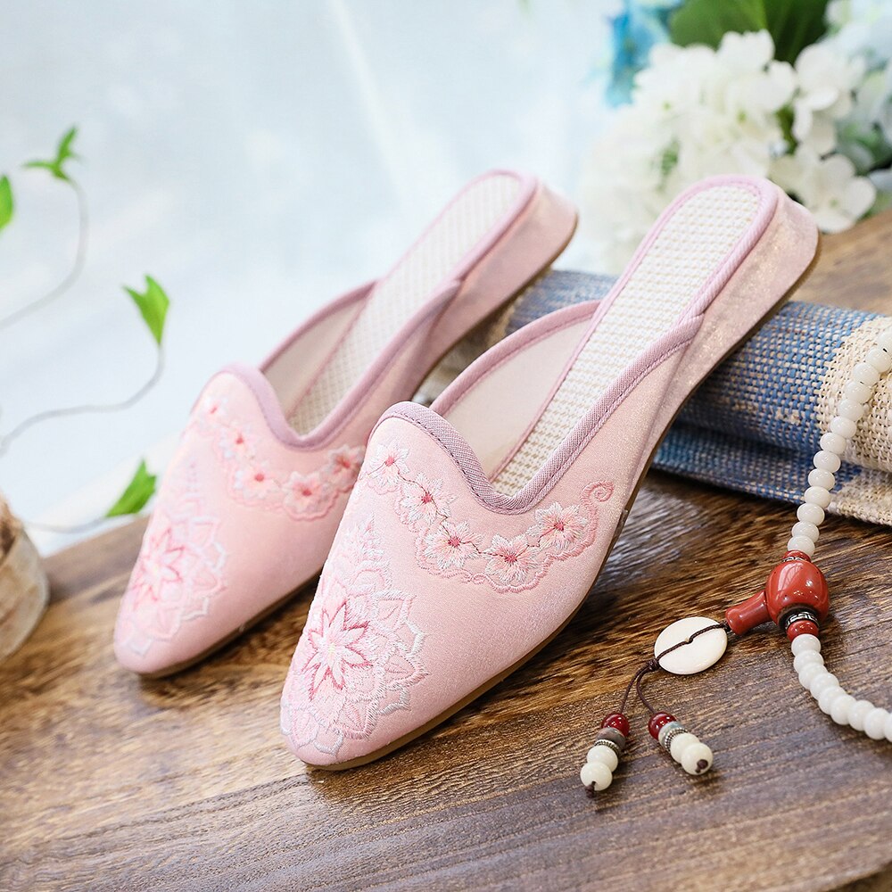 Women Satin Cotton Embroidered Mules Slippers Allmartdeal