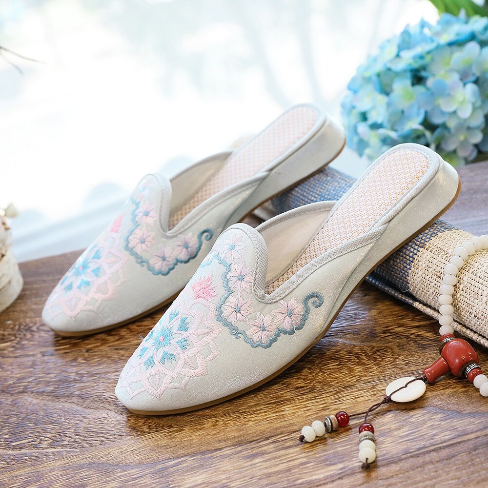 Women Satin Cotton Embroidered Mules Slippers Allmartdeal