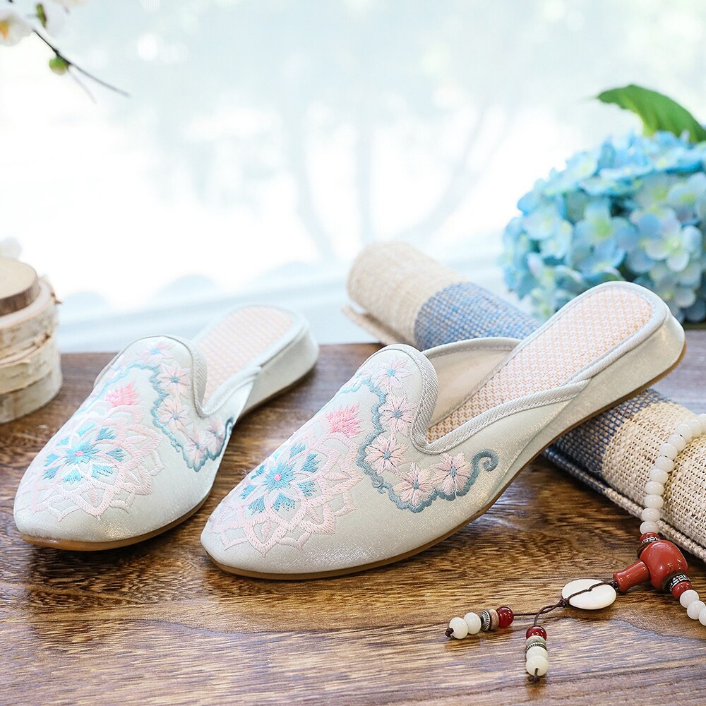 Women Satin Cotton Embroidered Mules Slippers Allmartdeal