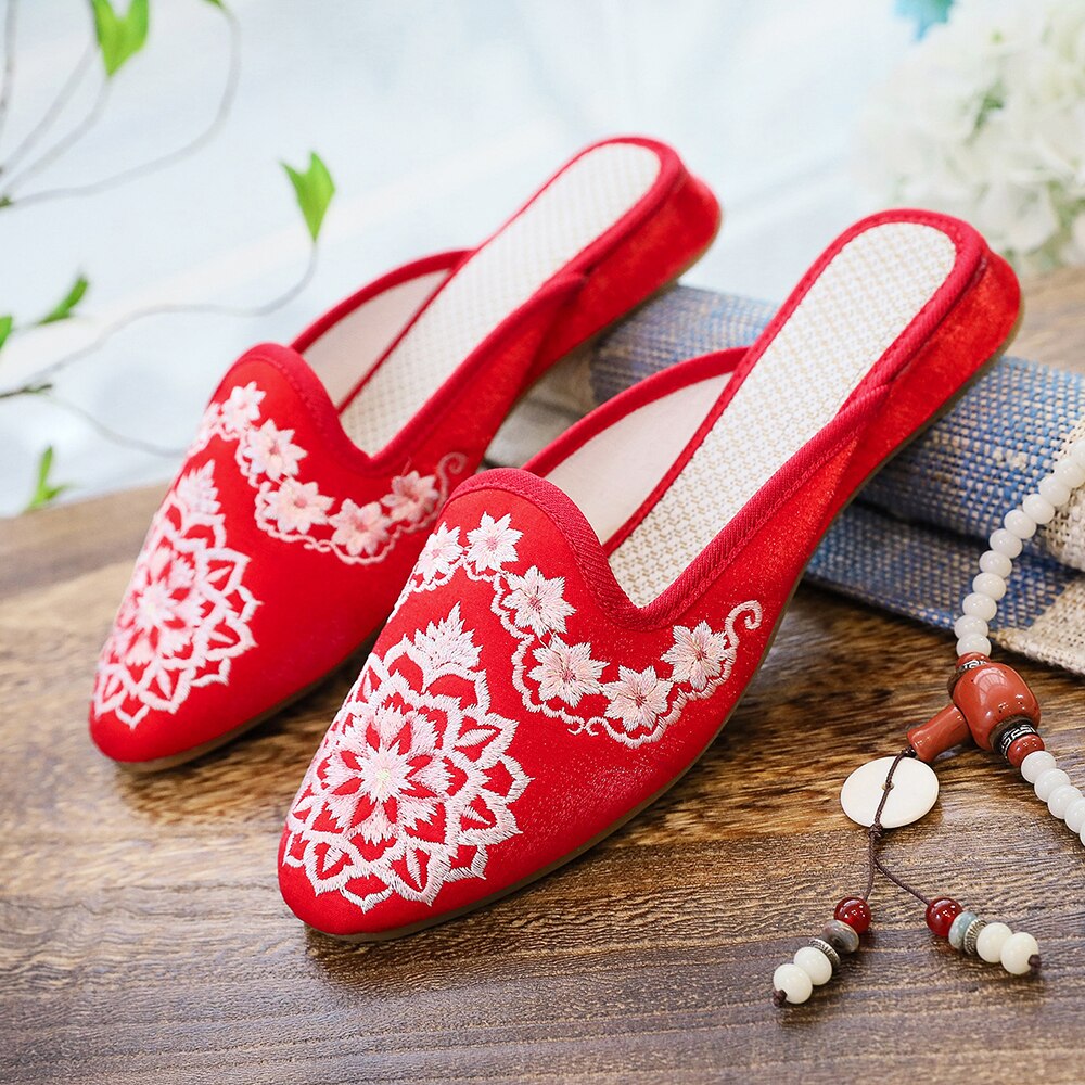 Women Satin Cotton Embroidered Mules Slippers Allmartdeal