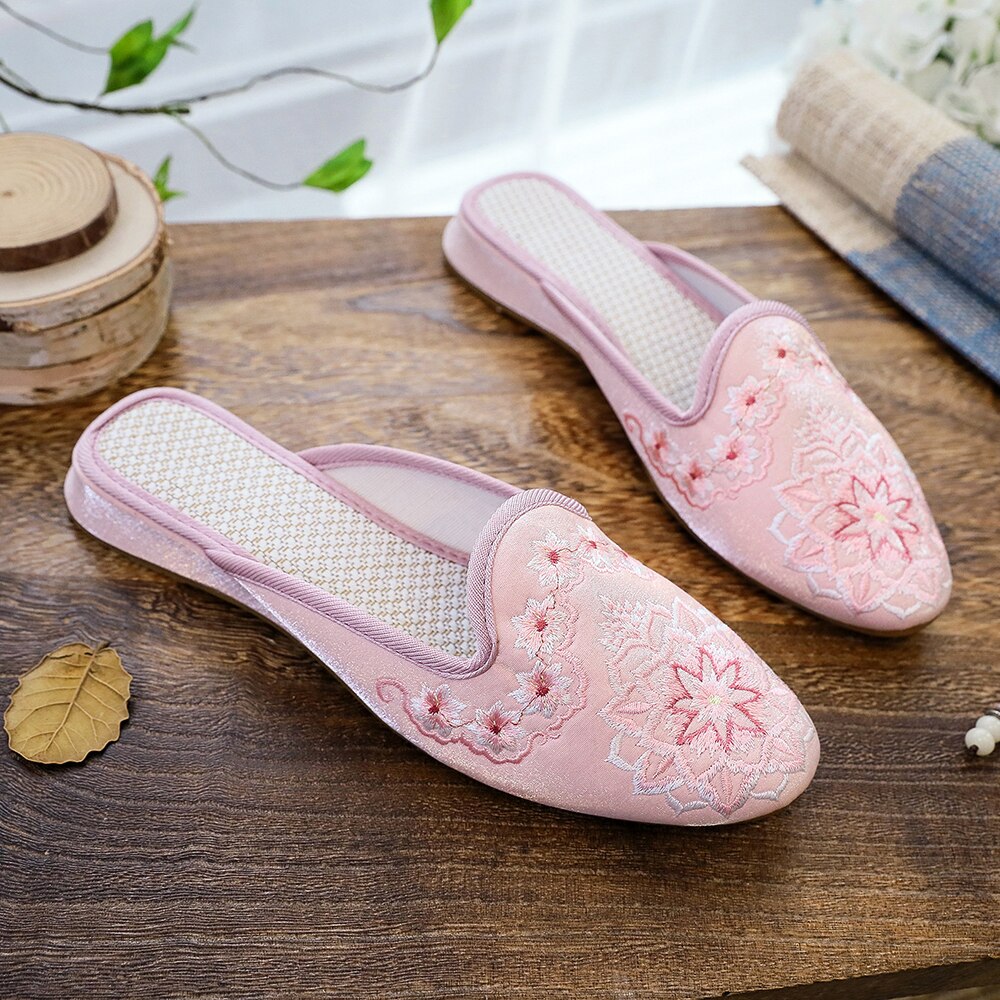 Women Satin Cotton Embroidered Mules Slippers Allmartdeal