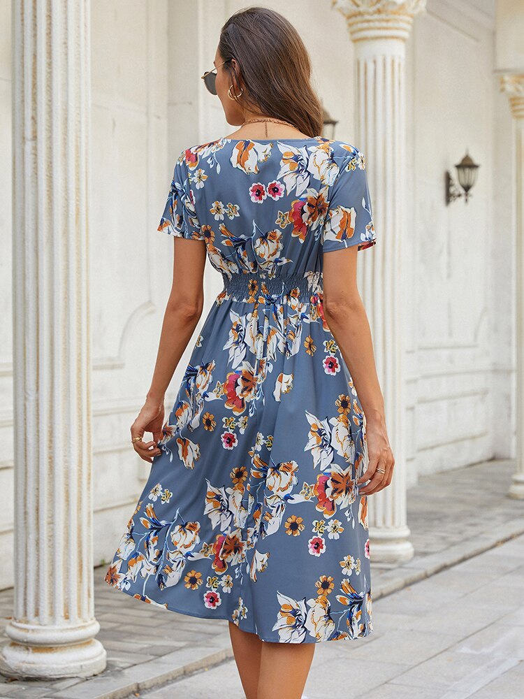 Women Summer Casual Retro Floral Print Chiffon Dress Allmartdeal