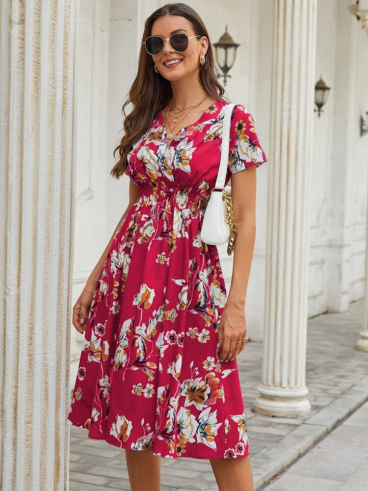 Women Summer Casual Retro Floral Print Chiffon Dress Allmartdeal