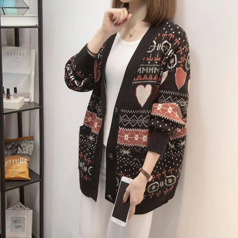 Women Vintage Jacquard Single Breasted Knitted Cardigan Allmartdeal