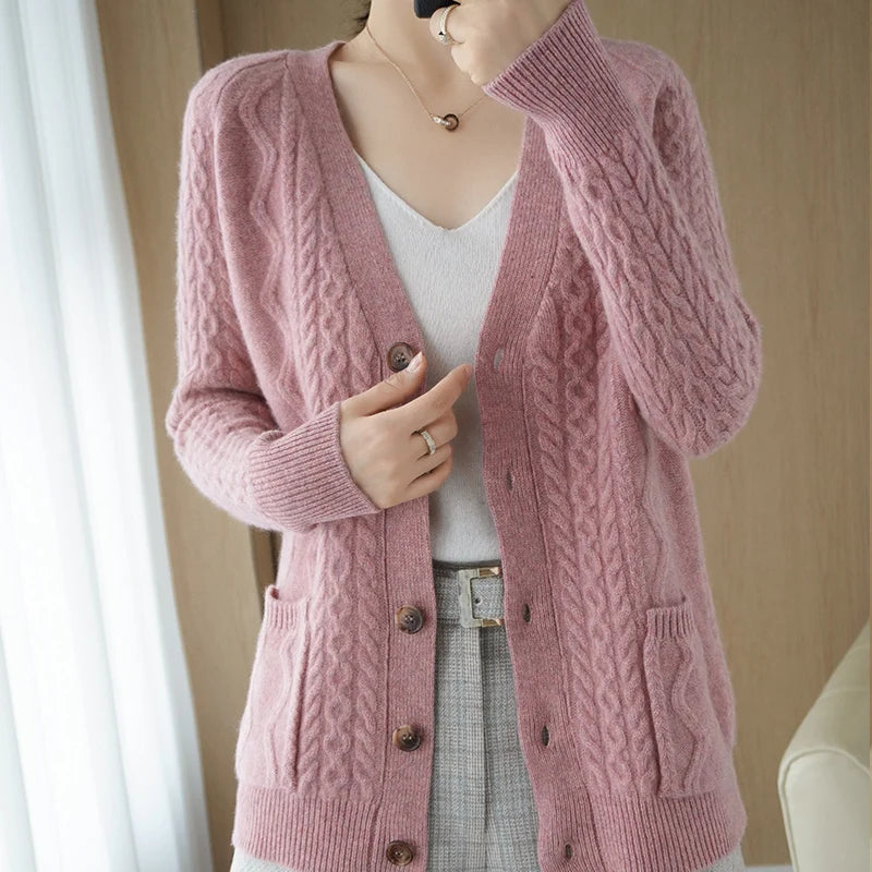 Women's 100% Pure Wool Knitted Cardigan Sweater Allmartdeal