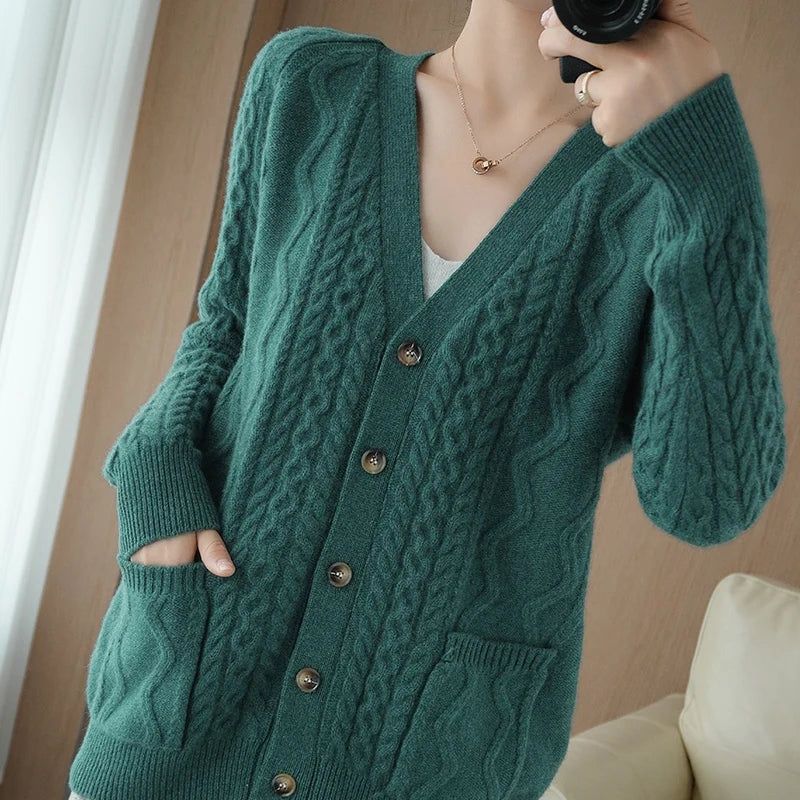 Women's 100% Pure Wool Knitted Cardigan Sweater Allmartdeal