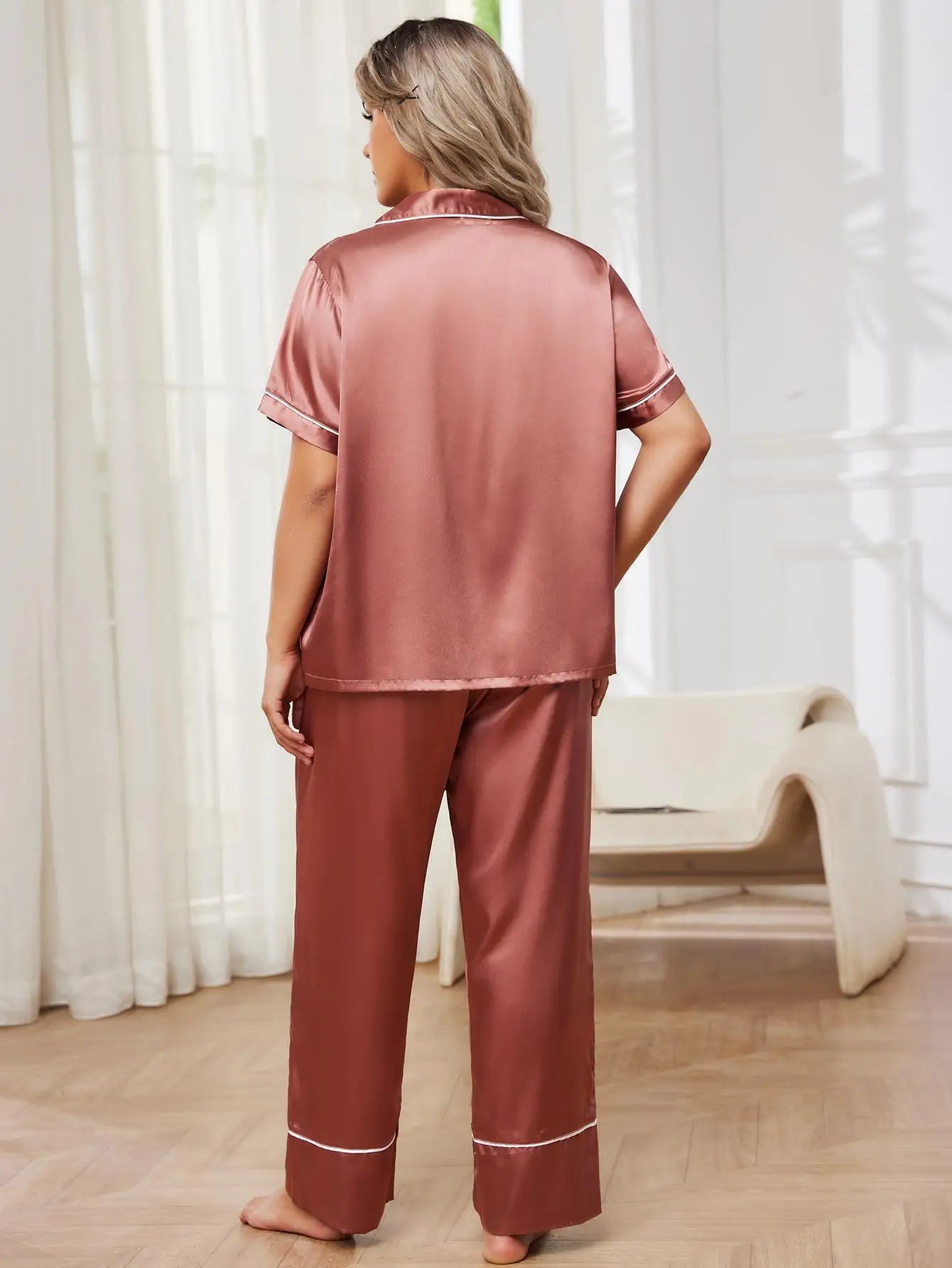 Women's 2Pcs Solid Silk Satin Pajamas Set Allmartdeal