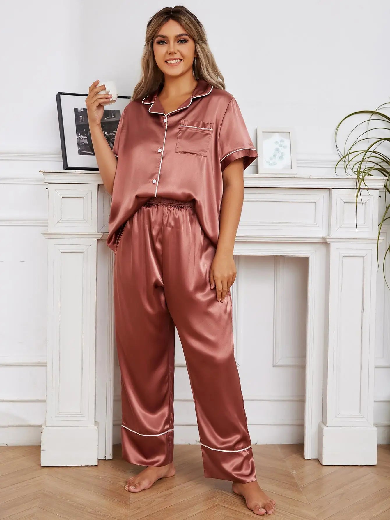 Women's 2Pcs Solid Silk Satin Pajamas Set Allmartdeal