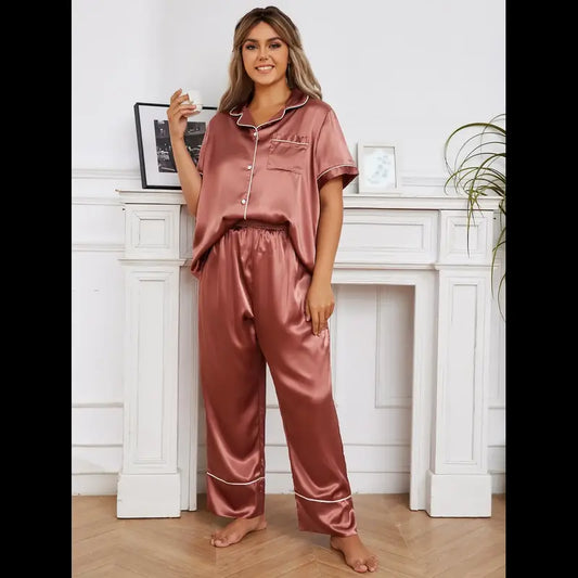 Women's 2Pcs Solid Silk Satin Pajamas Set Allmartdeal