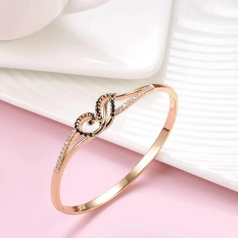 Women's 585 Rose Gold Black Natural Zircon Cuff Bangle Allmartdeal