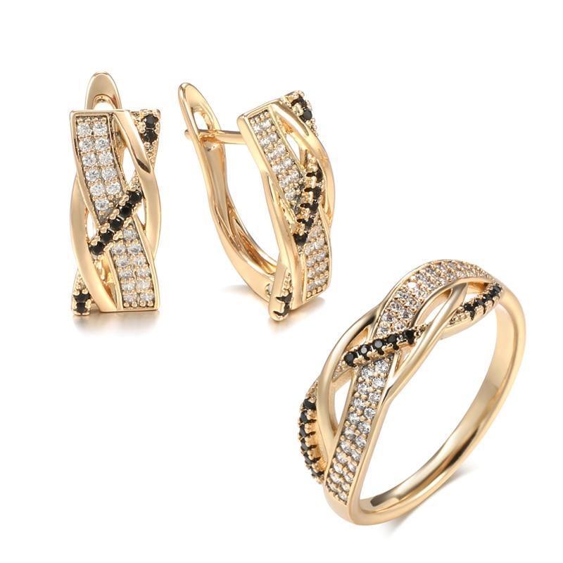 Women's 585 Rose Gold Black Natural Zircon Earrings Ring Set Allmartdeal