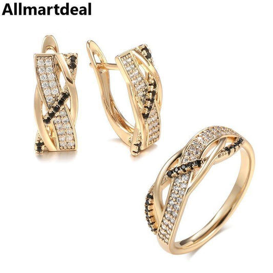 Women's 585 Rose Gold Black Natural Zircon Earrings Ring Set Allmartdeal