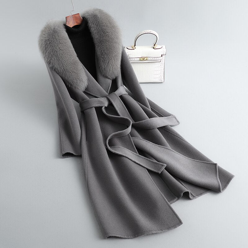 Women's Cashmere Real Fox Fur Collar Woolen Coat Allmartdeal