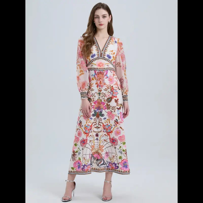 Women's Chiffon Long Lantern Sleeve High Waist Boho Dress Allmartdeal