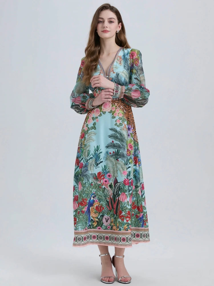 Women's Chiffon Long Lantern Sleeve High Waist Boho Dress Allmartdeal