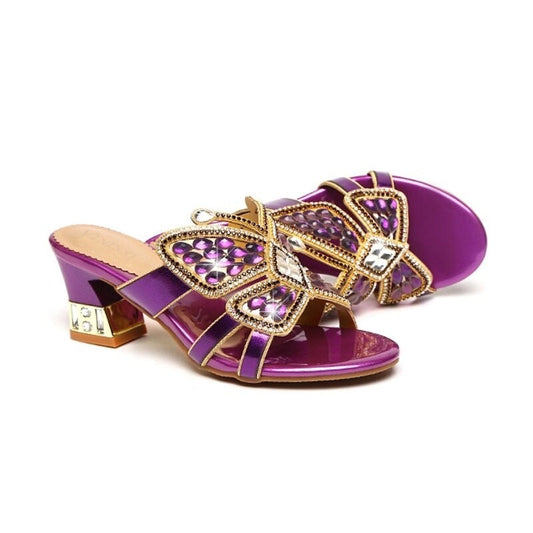 Women's Chunky High Heels Butterfly Rhinestone Sandals Allmartdeal