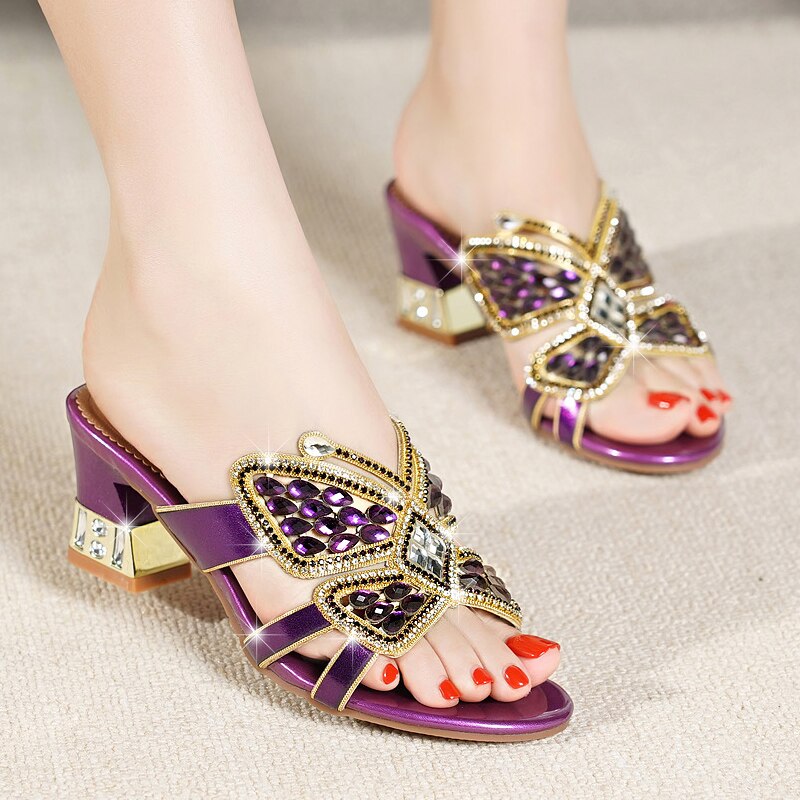 Women's Chunky High Heels Butterfly Rhinestone Sandals Allmartdeal