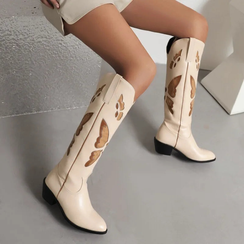 Women's Floral Pointed Toe Cowboy Boots Shoes Allmartdeal