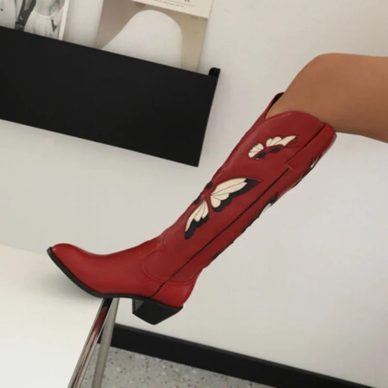 Women's Floral Pointed Toe Cowboy Boots Shoes Allmartdeal