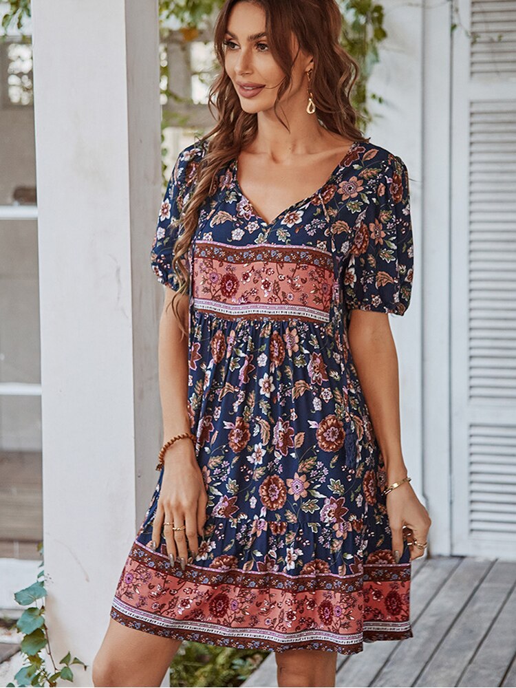 Women's Floral Puff Sleeve Loose Ruffle Boho Mini Dress Allmartdeal