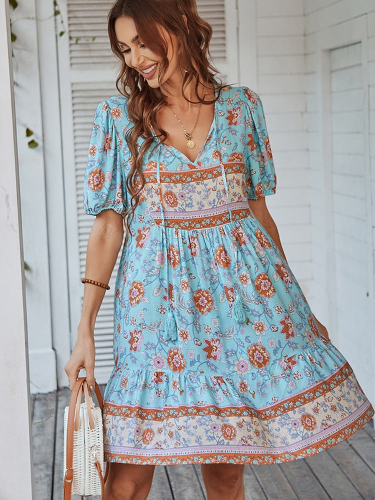 Women's Floral Puff Sleeve Loose Ruffle Boho Mini Dress Allmartdeal