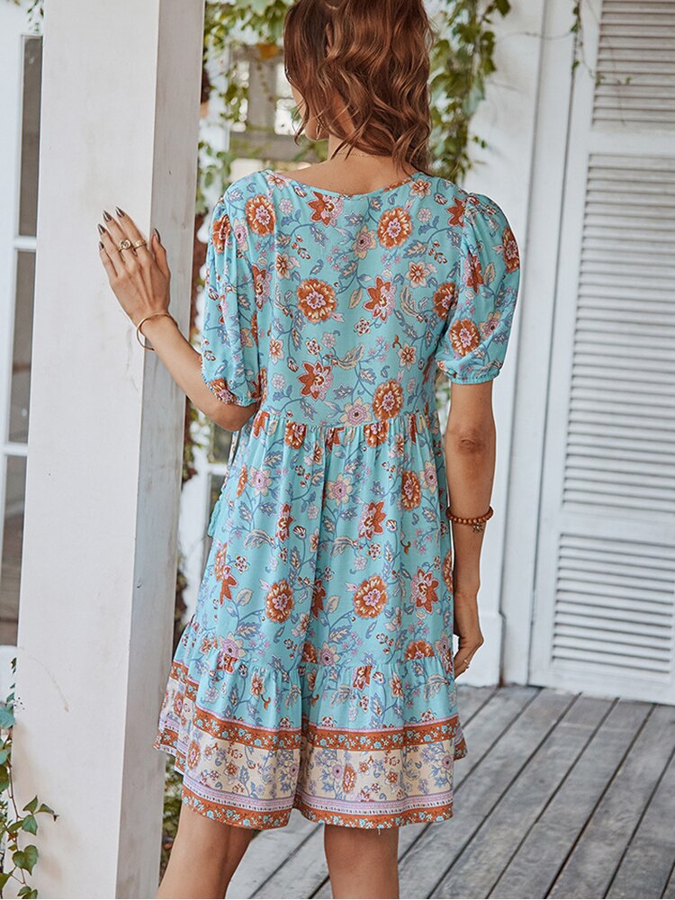 Women's Floral Puff Sleeve Loose Ruffle Boho Mini Dress Allmartdeal