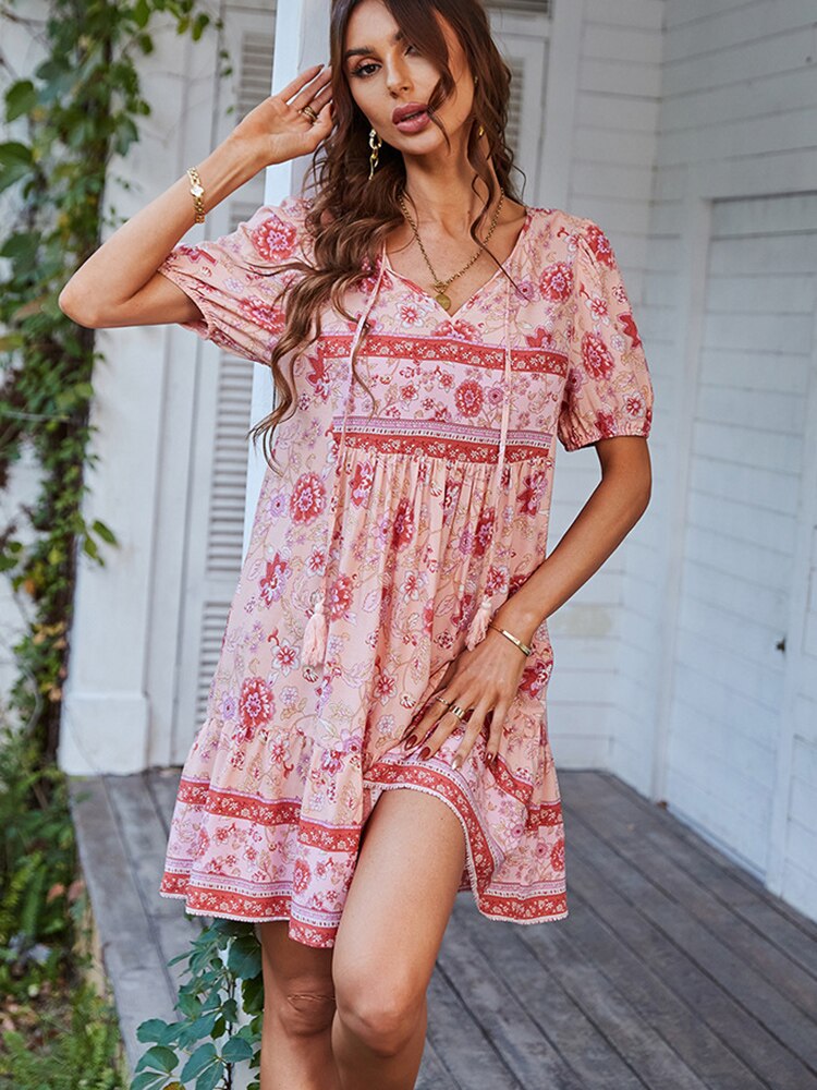 Women's Floral Puff Sleeve Loose Ruffle Boho Mini Dress Allmartdeal