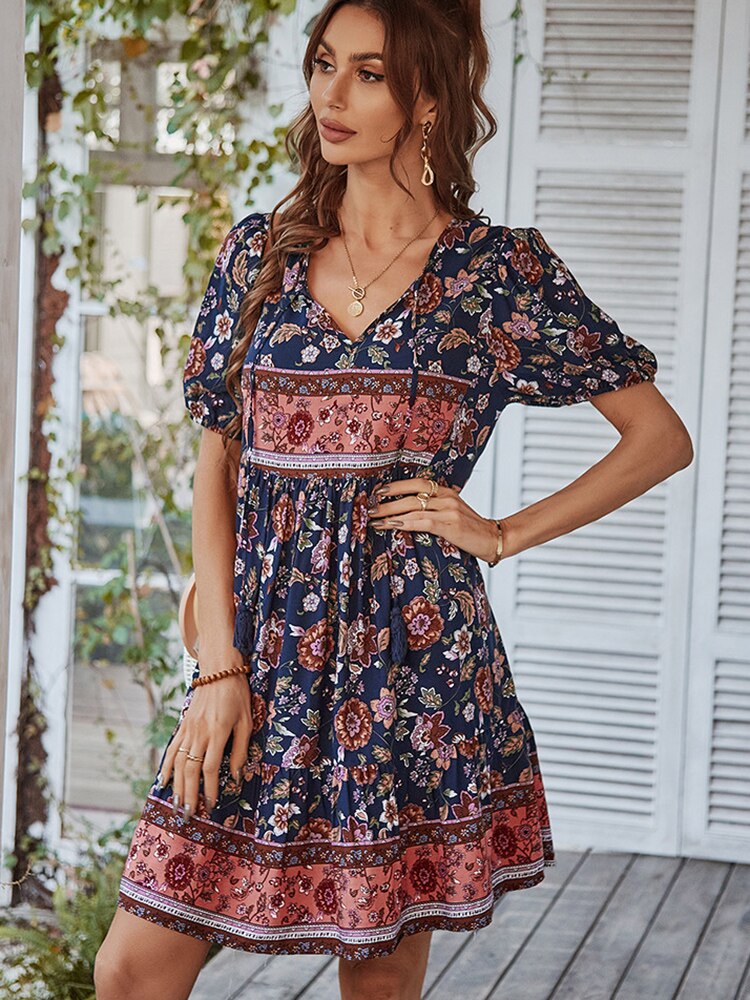 Women's Floral Puff Sleeve Loose Ruffle Boho Mini Dress Allmartdeal