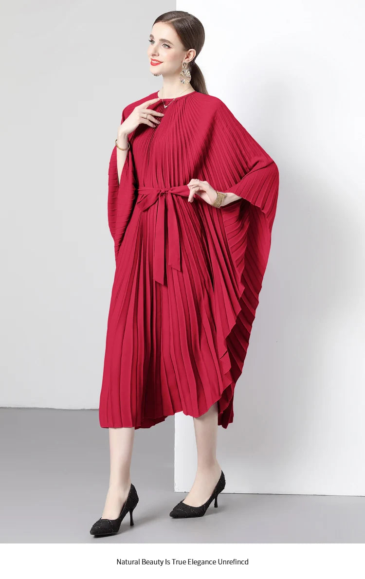 Women's Miyake Original Design Organ Pleated Batwing Sleeve Dress Allmartdeal