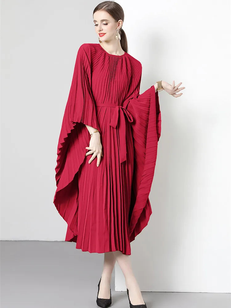 Women's Miyake Original Design Organ Pleated Batwing Sleeve Dress Allmartdeal