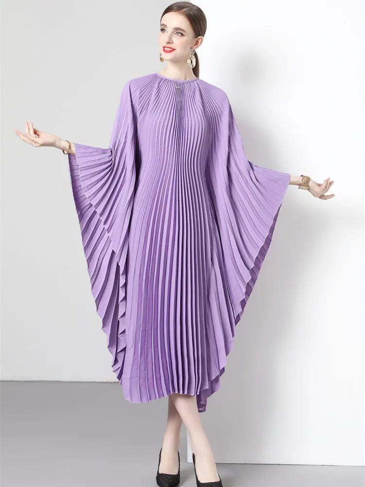 Women's Miyake Original Design Organ Pleated Batwing Sleeve Dress Allmartdeal