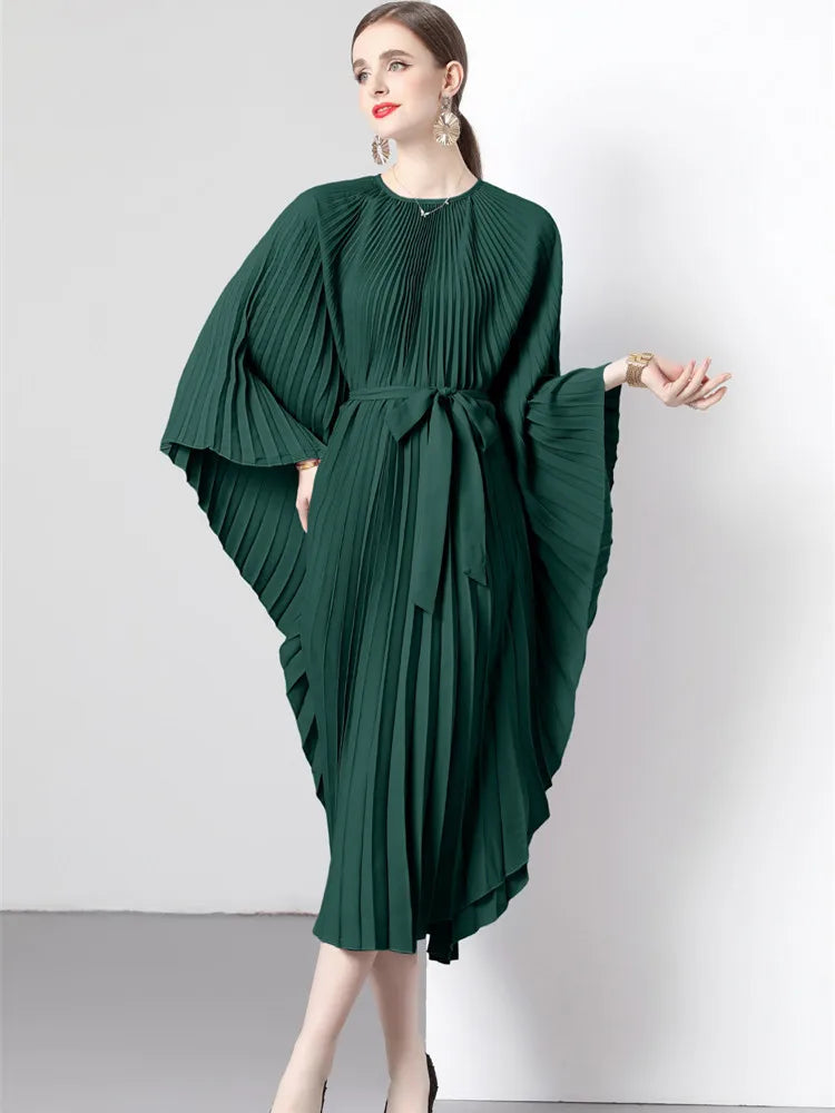 Women's Miyake Original Design Organ Pleated Batwing Sleeve Dress Allmartdeal