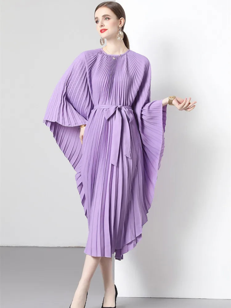 Women's Miyake Original Design Organ Pleated Batwing Sleeve Dress Allmartdeal