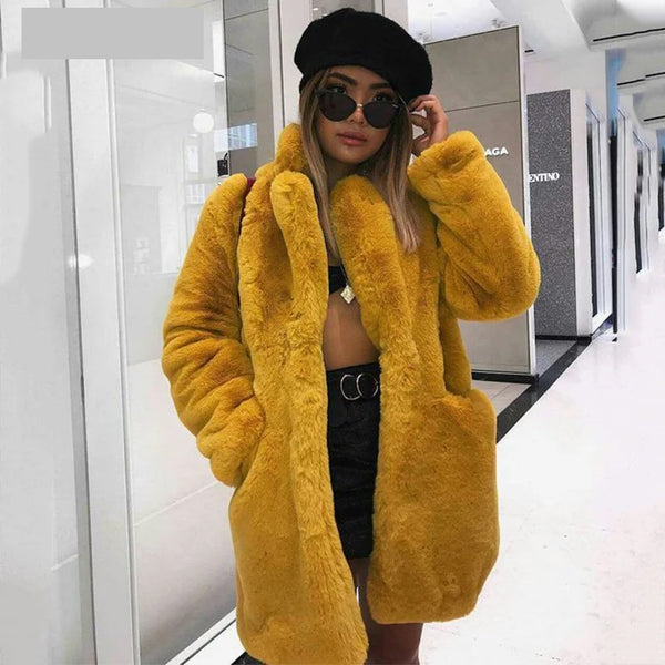 Women's Solid Plush Faux Rabbit Fur Jacket Coat Allmartdeal