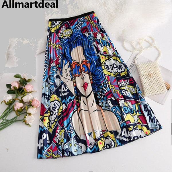 Women's Vintage Pleated Casual Print A Line Skirt Allmartdeal
